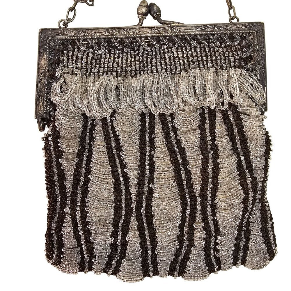 1910-20s Edwardian Flapper Beaded Swag Purse Silver Frame Chain Hinge Silk Lined